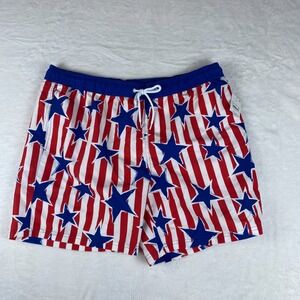 Mad Engine Swim Shorts Men L Blue Red Star Print Striped Americana Thermal Lined